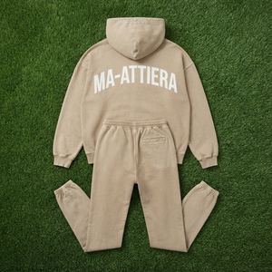 Ensemble survêtement streetwear en coton beige surdimensionné avec sweat à capuche et pantalon large – OEM ODM Vente en gros - Product Image 6