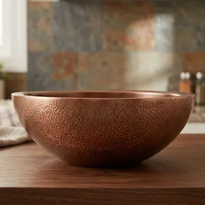 Double Wall Copper Sink Outside Hammered Inside Smooth Handmade Copper Bathroom Vessel Sink Luxury Decorative Wash <b>Basin</b> - Product Image 6