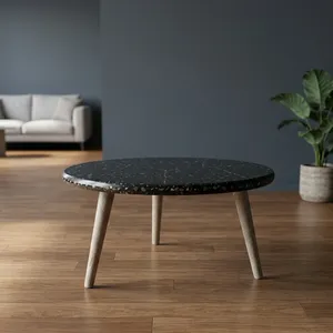 Mesa de Centro Moderna Redonda con Tapa de Mármol Negro y Patas de Madera Natural para Sala de Estar - Product Image 2