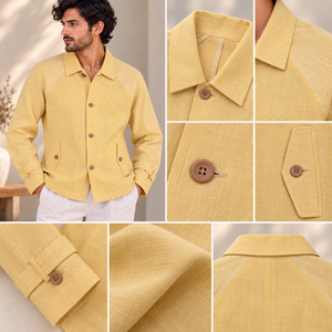 Chaqueta Casual de Lino para Hombre, Ligera, Manga Larga, Cierre de Botones, con Bolsillos Utilitarios, Color Amarillo, para Vacaciones de Verano - Product Image 3