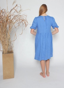 Nouvelle arrivée Robe midi en coton à manches bouffantes, col rond, silhouette en A, écologique, respirante, bleu bleuet, pour femmes, été - Product Image 4