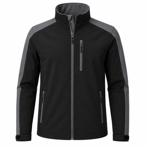 Veste en polaire noire pour homme avec empiècements gris, col montant, fermeture éclair, coupe-vent, vêtement d'extérieur décontracté pour l'automne - Product Image 1