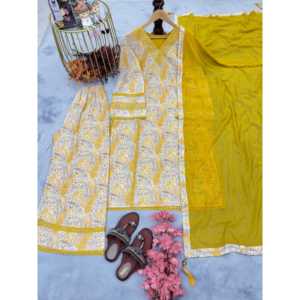 Conjunto de Top, Pantalones Plazzo y Dupatta Amarillo de Diseño Aarohi para Mujer, Talla M, para Ocasiones Elegantes - Product Image 1
