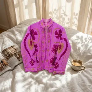 Veste en tricot Suzani pour femme Silkgram, couleur violette, col montant, motif floral, respirante, coupe-vent, 100% coton, cardigan, manteau d'automne - Product Image 1