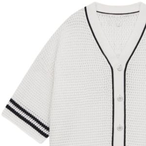 <b>Men</b> Crochet Knitted Baseball <b>Shirt</b> Short Sleeve Button Down Stripe Trim Casual Summer Knit Top OEM Wholesale Supply - Product Image 3