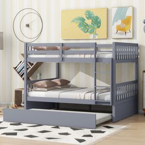 Cama litera de madera de caucho tamaño Full sobre Full con cama nido convertible, barandillas y escalera - Cama individual convertible en 2 camas de tamaño Full - Product Image 6