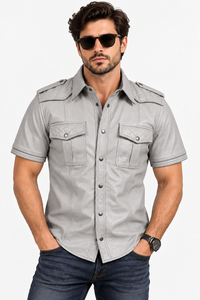 <b>Mens</b> Vintage <b>Black</b> Leather Waterproof Breathable <b>Shirt</b> <b>Short</b> <b>Sleeve</b> Genuine Cowhide Button Casual Biker Quilted Shoulders - Product Image 3