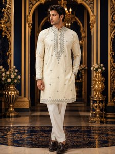 AARIKA TEXTILE – Nouvelle collection de pyjamas et kurta de luxe en soie pure brodée pour homme, avec travail au fil métallisé, idéale pour les mariages traditionnels et les occasions festives, livraison rapide - Product Image 4