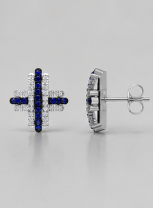 Pendientes de Plata de Ley 925 con Baño de Rodio, Zafiro Azul, Circonita Cúbica Blanca, Diseño Geométrico Art Deco, para Compromiso y Boda - Product Image 4