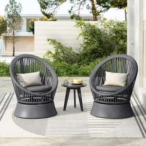 Set di 2 Sedie Lounge Girevoli in Vimini Grigio Moderno da 68 cm, Design Elegante con Telaio in Ferro e Rattan per Lettini Prendisole - Product Image 1