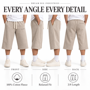 Shorts en molleton de coton 3/4 pour homme, taille élastique avec cordon de serrage, beige, coupe ample, poches latérales, streetwear décontracté, marque privée - Product Image 6