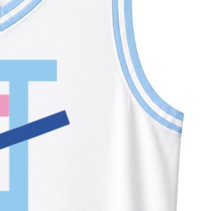 White JJ Logo Embroidered Basketball Jersey Sleeveless V Neck Tank <b>Top</b> with Blue Contrast Piping for Women's Team Apparel - Product Image 3