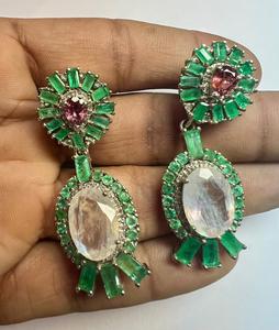 Boucles d'oreilles clous de luxe en argent sterling 925 plaqué rhodium avec diamants, émeraudes naturelles, tourmalines et pierres de lune arc-en-ciel – Cadeau d'anniversaire - Product Image 4