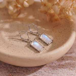 925 Sterling Silver Rectangle Natural Moonstone Drop <b>Earrings</b> Handmade Trendy Engagement Party Jewelry for Women - Product Image 3