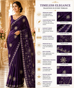 CHOHAN TEXTILE Indian <b>Purple</b> Silk <b>Saree</b> Intricate Gold Embroidery Bridal Wedding Wear Traditional Luxury Women Party Wear Saris - Product Image 3