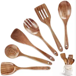 Ensemble d'ustensiles de cuisine écologiques en bois d'acacia : Cuillère de service, Spatules ajourées, Spatules à frire, Écumoire, Ustensiles de cuisine, Saladier - Product Image 5
