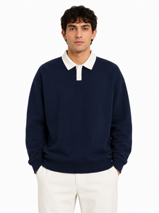 <span class=keywords><strong>Felpa</strong></span> Premium da Uomo Blu Navy con Colletto a <span class=keywords><strong>Polo</strong></span>, Manica Lunga, Pullover Casual in Misto Cotone con Colletto Bianco a Contrasto - Product Image 1