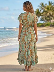 Vestido Maxi de Seda Tejida con Estampado Paisley, Estilo Bohemio Coreano Y2K, Talla Única, Cuello en V, Casual, Dulce, para Verano - Product Image 3