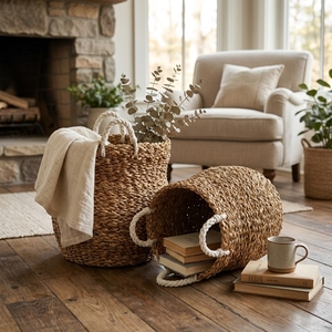 Cesta Redonda de Seagrass Natural Tejida a Mano con Asa, para Almacenamiento, Macetero, Cesto de Lavandería, Decoración y Diseño Artístico Puro - Product Image 4