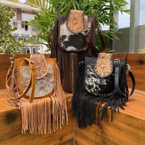 Women's Cowhide Leather Fringe Crossbody Bags Hand Tooled Flap Card Slots Zippered Pockets Adjustable Strap Shoulder Handbags - Product Image 4
