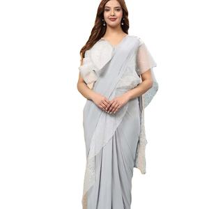 El último diseñador Faux Georgette Bordado Secuencia Trabajo Listo Para Usar Sari Por Fab Zone - Product Image 1