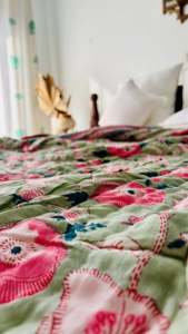 Hand Stitched High Quality Traditional Cotton Filling Tea Green Hand Block Printed Reversible Jaipuri <b>Quilt</b> For Home Decor - Product Image 3