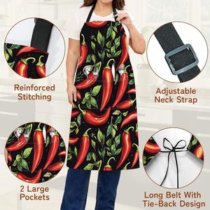 Delantal Unisex para Adultos de Marca de Fabricante con Diseño de Chile Rojo y Hoja Verde sobre Fondo Negro, Correas Ajustables - Product Image 6