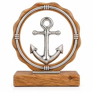 Handmade Silver Anchor Metal Statue Wooden Base Nautical <b>Ship</b> <b>Wheel</b> Figurine Tabletop Home Office Decoration Sculpture - Product Image 1
