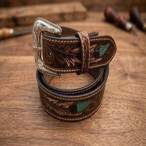 Nouvel Arrivage Ceintures Western en Cuir Véritable, Faites à la Main, Ornées de Motifs Floraux Gravés et Peints, Ceintures Unisexe en Cuir Artisanal - Product Image 1