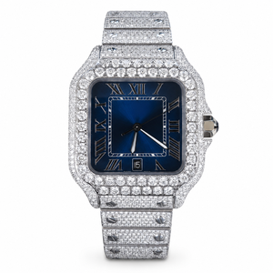 Reloj de Lujo con Esfera Azul Completamente Adornada con Moissanita, Reloj Unisex de Acero Inoxidable con Números Romanos y Visualización de Fecha - Product Image 2