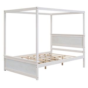 Lit à baldaquin en bois brossé blanc pleine grandeur avec deux tiroirs et sommier à lattes – Aucun sommier tapissier nécessaire - Product Image 5