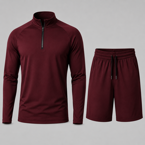 Men's Quarter-<b>Zip</b> Sport Set Solid Color Long Sleeve Top & Shorts Quick Dry Knitted Polyester Spring Wear - Product Image 5