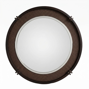 <b>Large</b> Round Wooden <b>Frame</b> Wall Mirror Woven Texture Contemporary Nordic Decorative Vanity Mirror Bathroom Entryway Bedroom Living - Product Image 1