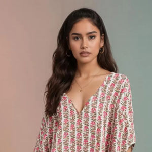 Vestido Kaftán con Estampado Floral para Mujer, Casual, Elegante, Cuello en V, Estilo Bohemio, 100% Algodón, Alta Calidad, Largo Midi, Ropa de Resort - Product Image 1