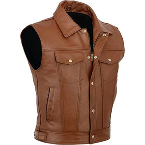 Gilet en cuir pour homme avec logo personnalisé, service OEM disponible, coupe classique, veste en cuir sans manches pour clubs, motards et usage décontracté - Product Image 1