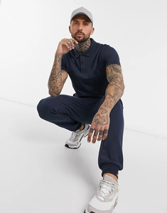 Men's Navy Blue Short Sleeve Polo Shirt Solid Color Cotton Casual Style Regular Fit Button <b>Down</b> Collar Design - Product Image 3