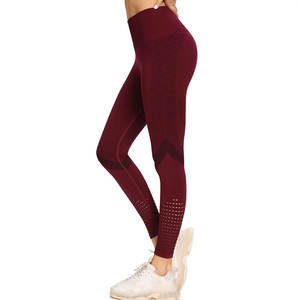 Women's High Waist Solid Color <b>Leggings</b> Breathable Knitted Spandex Nylon Sporty Style Full Length <b>Maroon</b> - Product Image 1