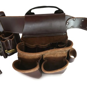 Adjustable Multi-Compartment <b>Tool</b> <b>Belt</b> With Hammer Holder And Nail Pockets Brown Leather Waist Bag For Universal Use - Product Image 3
