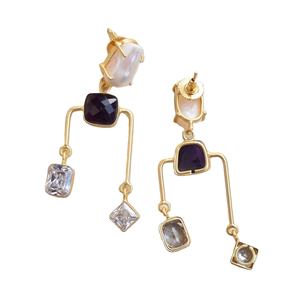 Boucles d'oreilles pendantes en laiton, zircon, pierre naturelle, perle d'eau douce, pompon, plaqué rhodium, faites à la main, cadeau classique, vente en gros - Product Image 6