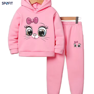 Ensemble sweat à capuche et pantalon pour filles, motif chat rose de dessin animé, 100 % coton, survêtement décontracté d'automne, manches longues, taille élastique - Product Image 1