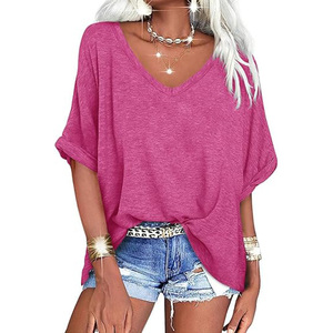 Camiseta Unisex Rosa de Corte Holgado con Hombros Caídos, Color Sólido, Manga Corta, Cuello Redondo, Tejido de Algodón Ecológico, Primavera Verano - Product Image 2