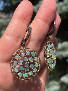 Natural <b>Opal</b> Round Dangle <b>Earrings</b> 925 Sterling Silver / Black Rhodium Gold Plated Large Boho Flower Drop Fancy Handmade <b>Earring</b> - Product Image 1