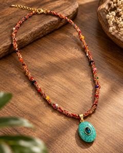 Collier de mode pour femme, fait main, multicolore, en cordon tressé, avec pendentif en imitation perle et pierre amazonite, style bohème perlé, personnalisable, vente en gros - Product Image 3