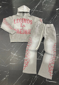 Custom Factory Luxury Rhinestone Acid Wash Sun Faded Screen Print <b>Zip</b>-Up Hoodie Sweatshirt and Joggers Flared Sweatpants Set - Product Image 4