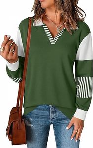 Suéteres holgados de manga larga con cuello en V, suéteres de punto a rayas con bloques de color, tops tipo jersey - Product Image 4