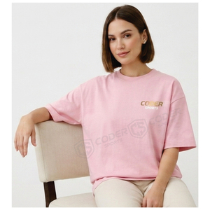 T-shirt court en coton rose sur mesure pour femmes, design uni, vêtements d'été pour femmes, t-shirts courts en gros - Product Image 2