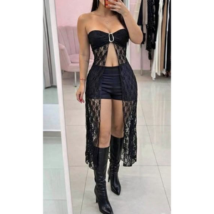 Minivestido de fiesta con abertura alta y encaje sin tirantes para mujer con superposición transparente - Product Image 3