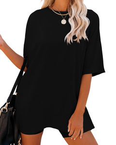 T-shirt en coton à manches courtes et col rond pour femme, coupe ample, couleur unie, vêtements décontractés pour le printemps et l'été - Product Image 2
