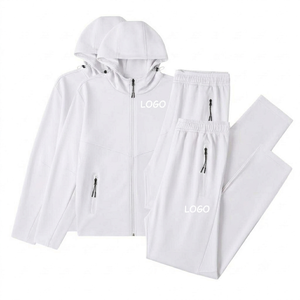 Ensemble de survêtement unisexe en coton noir avec capuche, fermeture éclair sur le devant, logo, coupe décontractée, couleur unie, pantalon et veste longs pour l'automne - Product Image 2