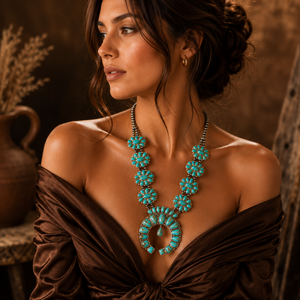 Collier Bohème Grand Turquoise Fait Main Squash Blossom, Bijou Statement Style Sud-ouest pour Femme, Idéal Cadeau - Product Image 1